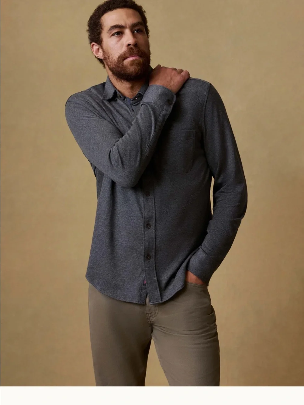 Faherty Coastline Knit Shirt Charcoal Heather Twill, Size Small